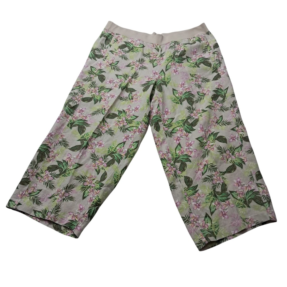 J. Jill Crop Pants Womens Large Beige Floral Love Linen Pull-On Tropical Casual